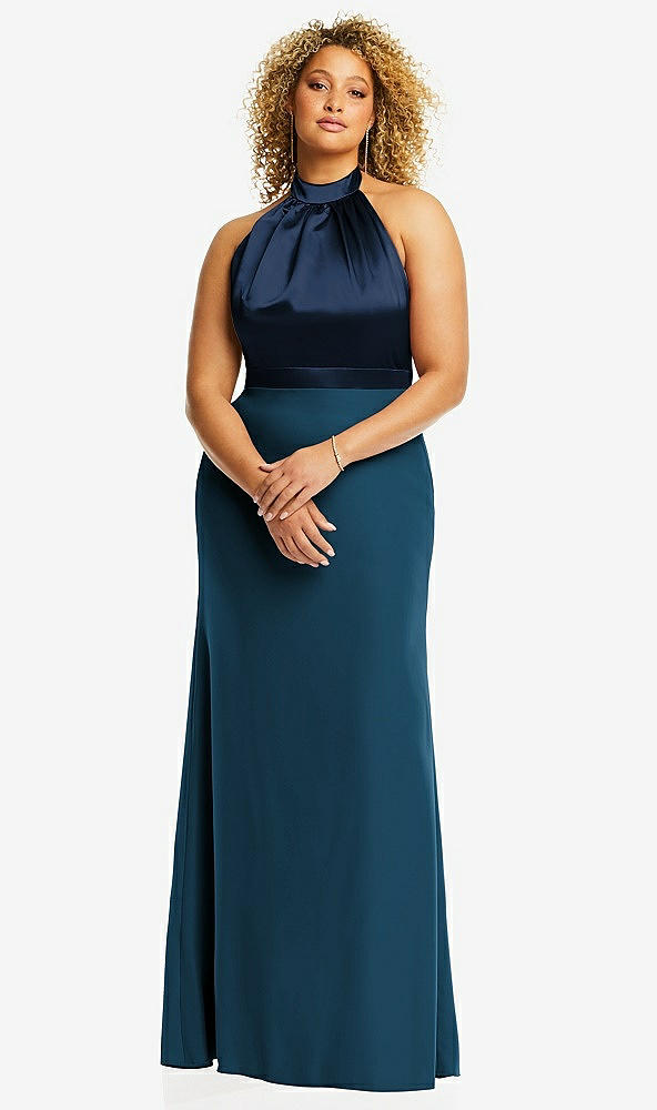 Front View - Atlantic Blue & Midnight Navy High-Neck Open-Back Maxi Dress with Scarf Tie