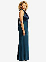 Side View Thumbnail - Atlantic Blue & Midnight Navy High-Neck Open-Back Maxi Dress with Scarf Tie