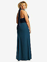 Rear View Thumbnail - Atlantic Blue & Midnight Navy High-Neck Open-Back Maxi Dress with Scarf Tie