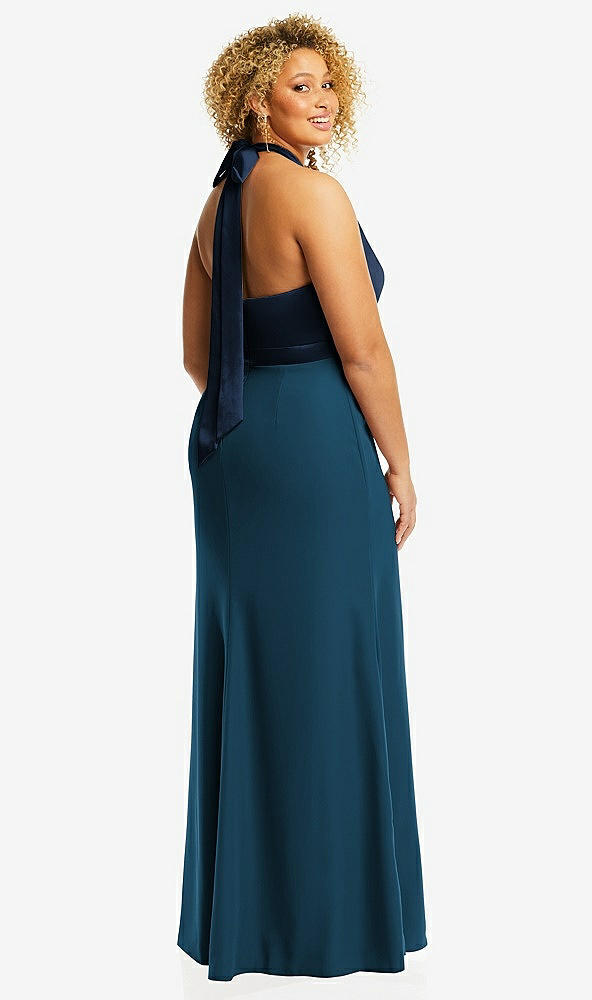 Back View - Atlantic Blue & Midnight Navy High-Neck Open-Back Maxi Dress with Scarf Tie