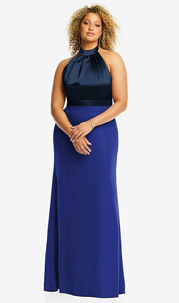 Front View - Cobalt Blue & Midnight Navy High-Neck Open-Back Maxi Dress with Scarf Tie