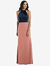 Alt View 1 Thumbnail - Desert Rose & Midnight Navy High-Neck Open-Back Maxi Dress with Scarf Tie