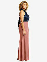 Side View Thumbnail - Desert Rose & Midnight Navy High-Neck Open-Back Maxi Dress with Scarf Tie
