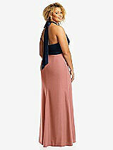 Rear View Thumbnail - Desert Rose & Midnight Navy High-Neck Open-Back Maxi Dress with Scarf Tie