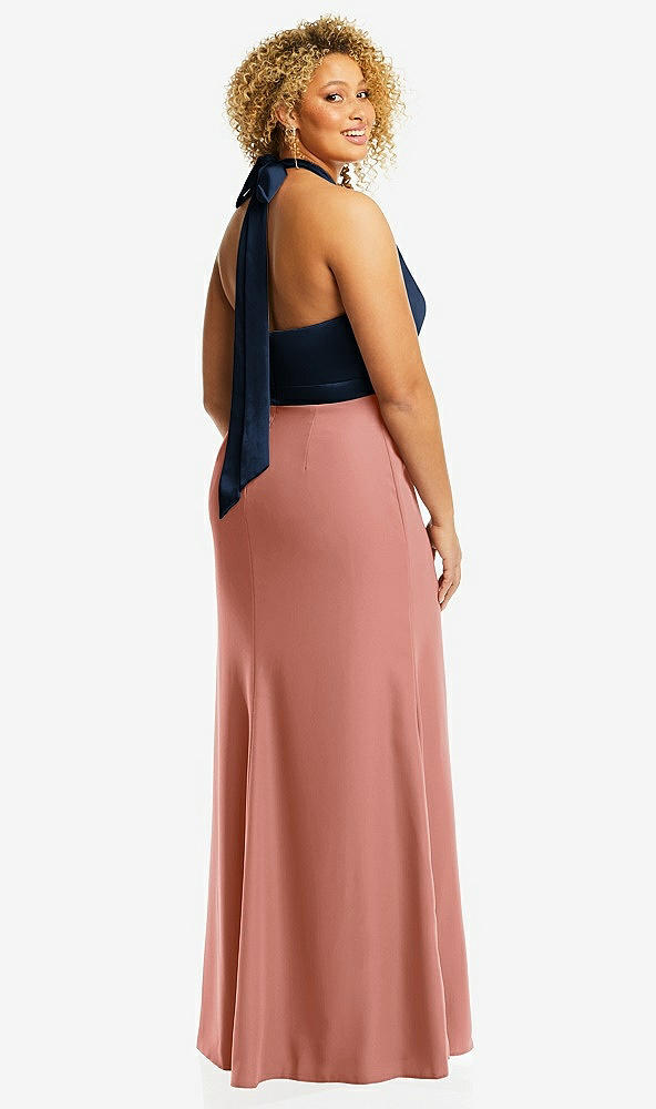 Back View - Desert Rose & Midnight Navy High-Neck Open-Back Maxi Dress with Scarf Tie
