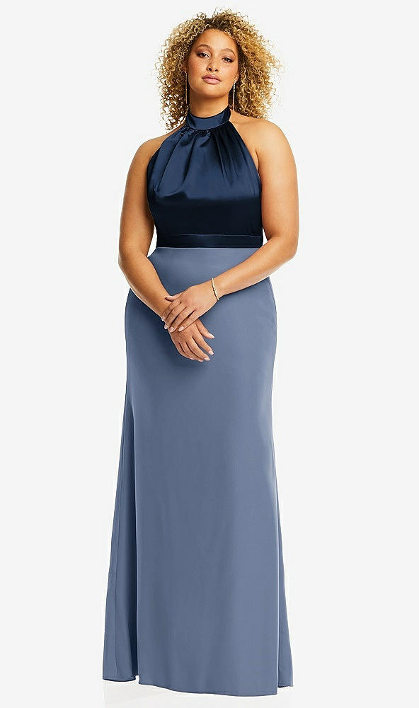 Front View - Larkspur Blue & Midnight Navy High-Neck Open-Back Maxi Dress with Scarf Tie