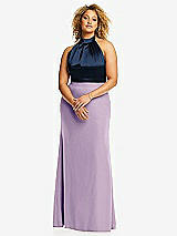 Front View Thumbnail - Pale Purple & Midnight Navy High-Neck Open-Back Maxi Dress with Scarf Tie