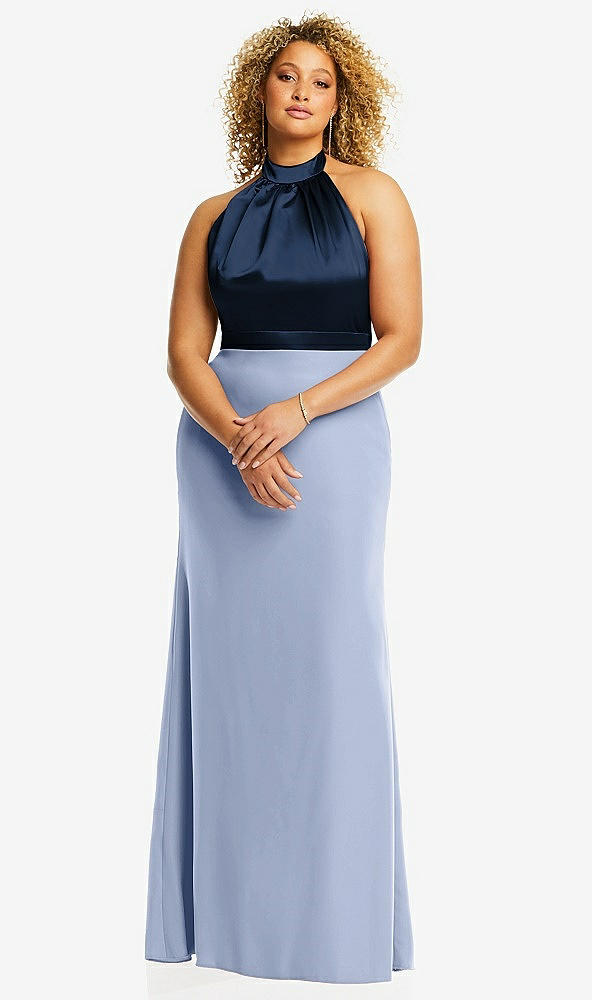Front View - Sky Blue & Midnight Navy High-Neck Open-Back Maxi Dress with Scarf Tie