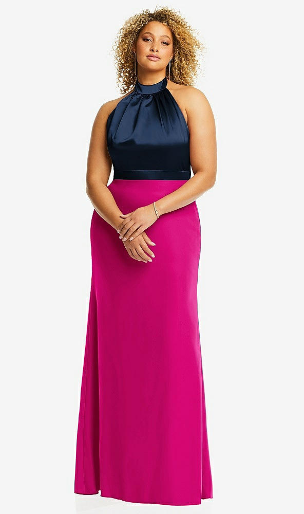 Front View - Think Pink & Midnight Navy High-Neck Open-Back Maxi Dress with Scarf Tie