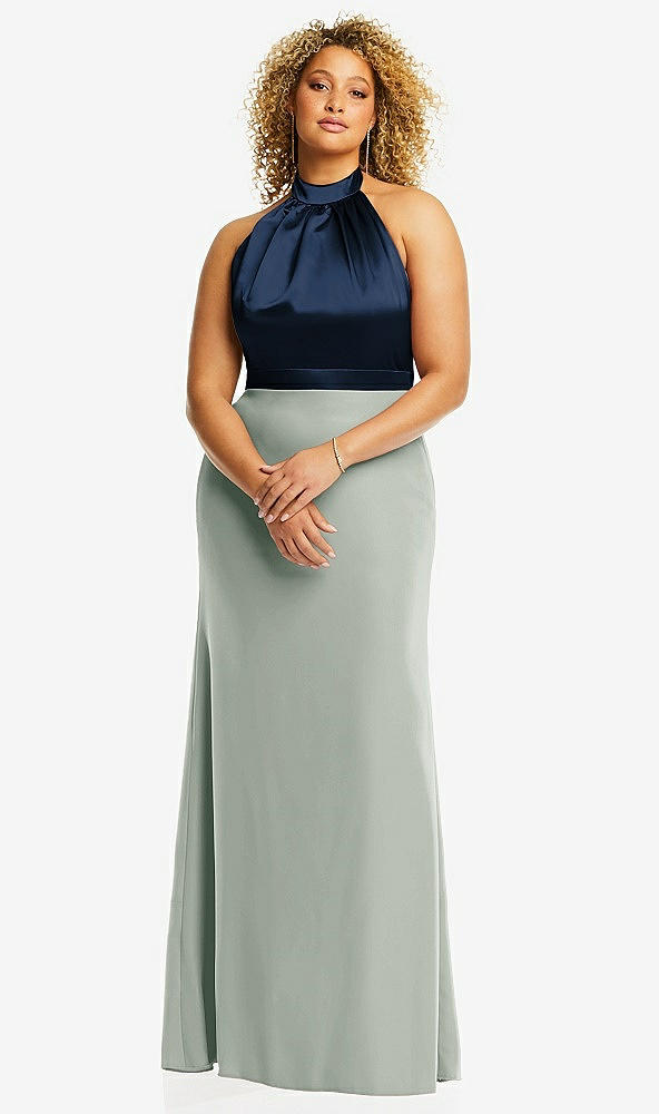 Front View - Willow Green & Midnight Navy High-Neck Open-Back Maxi Dress with Scarf Tie