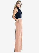 Front View Thumbnail - Pale Peach & Midnight Navy High-Neck Open-Back Jumpsuit with Scarf Tie
