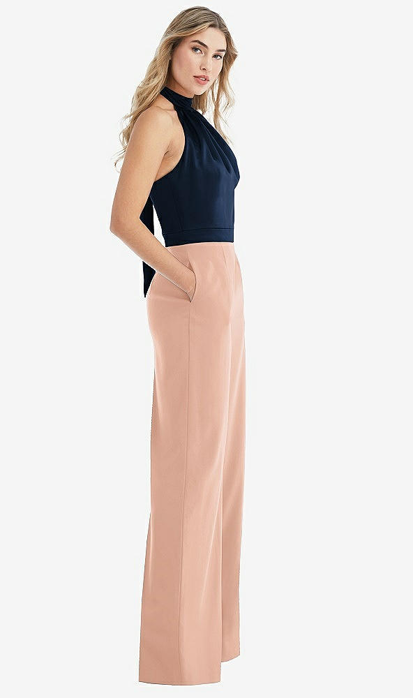 Front View - Pale Peach & Midnight Navy High-Neck Open-Back Jumpsuit with Scarf Tie