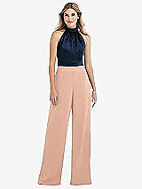 Side View Thumbnail - Pale Peach & Midnight Navy High-Neck Open-Back Jumpsuit with Scarf Tie