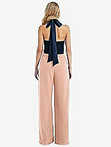 Rear View Thumbnail - Pale Peach & Midnight Navy High-Neck Open-Back Jumpsuit with Scarf Tie