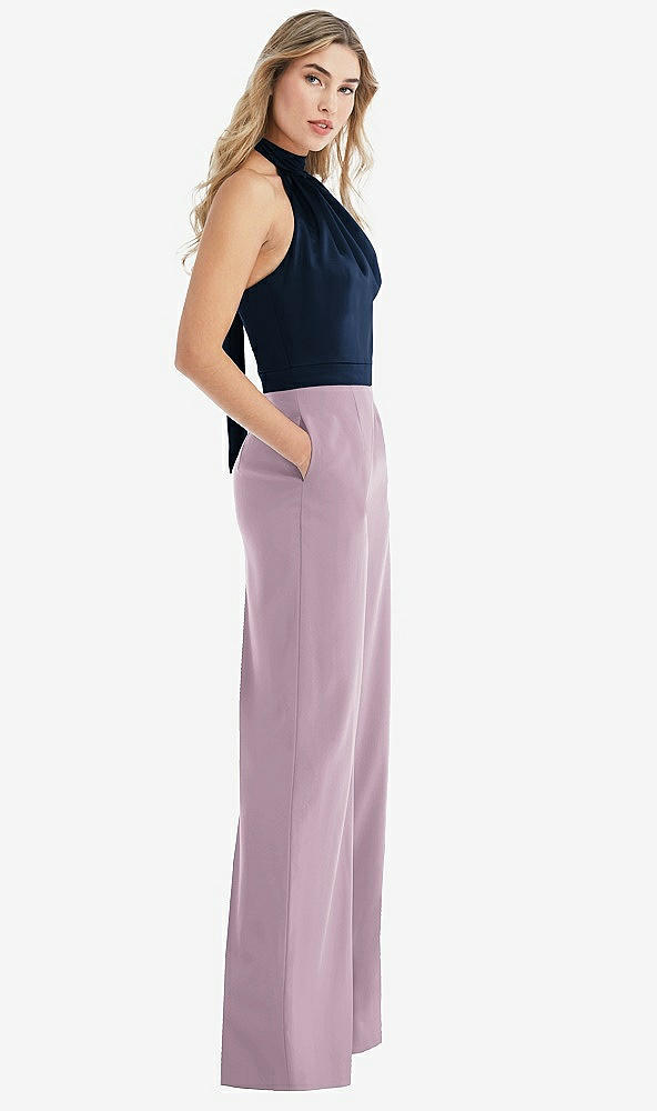 Front View - Suede Rose & Midnight Navy High-Neck Open-Back Jumpsuit with Scarf Tie