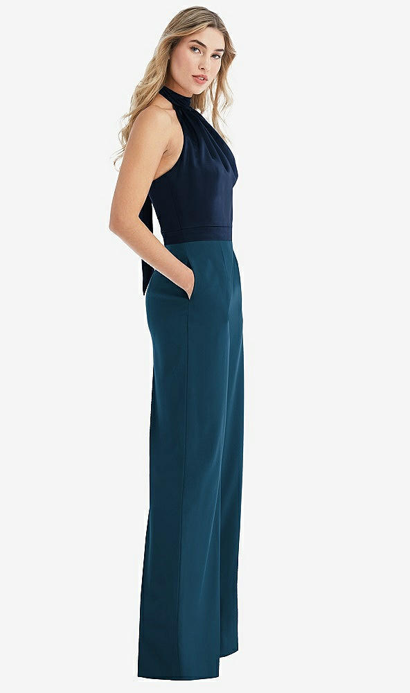 Front View - Atlantic Blue & Midnight Navy High-Neck Open-Back Jumpsuit with Scarf Tie