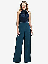 Side View Thumbnail - Atlantic Blue & Midnight Navy High-Neck Open-Back Jumpsuit with Scarf Tie