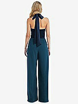 Rear View Thumbnail - Atlantic Blue & Midnight Navy High-Neck Open-Back Jumpsuit with Scarf Tie