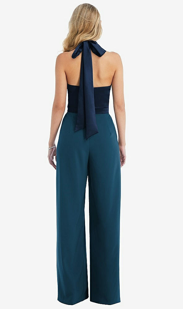 Back View - Atlantic Blue & Midnight Navy High-Neck Open-Back Jumpsuit with Scarf Tie