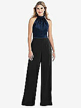 Side View Thumbnail - Black & Midnight Navy High-Neck Open-Back Jumpsuit with Scarf Tie