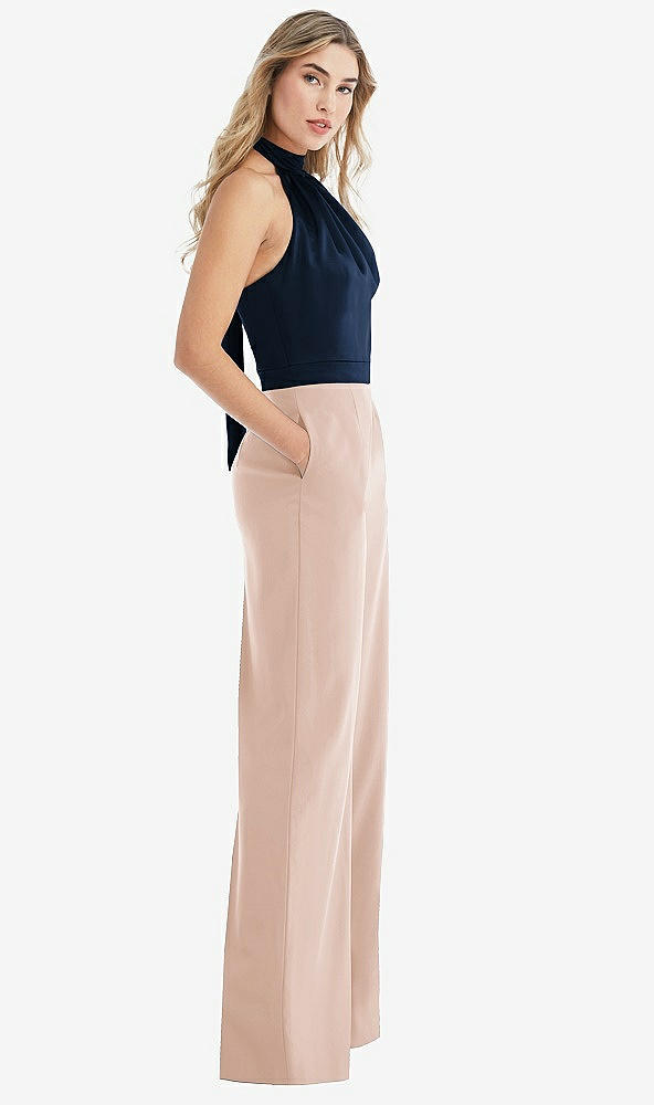 Front View - Cameo & Midnight Navy High-Neck Open-Back Jumpsuit with Scarf Tie