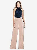 Side View Thumbnail - Cameo & Midnight Navy High-Neck Open-Back Jumpsuit with Scarf Tie