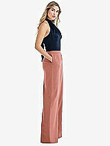 Front View Thumbnail - Desert Rose & Midnight Navy High-Neck Open-Back Jumpsuit with Scarf Tie