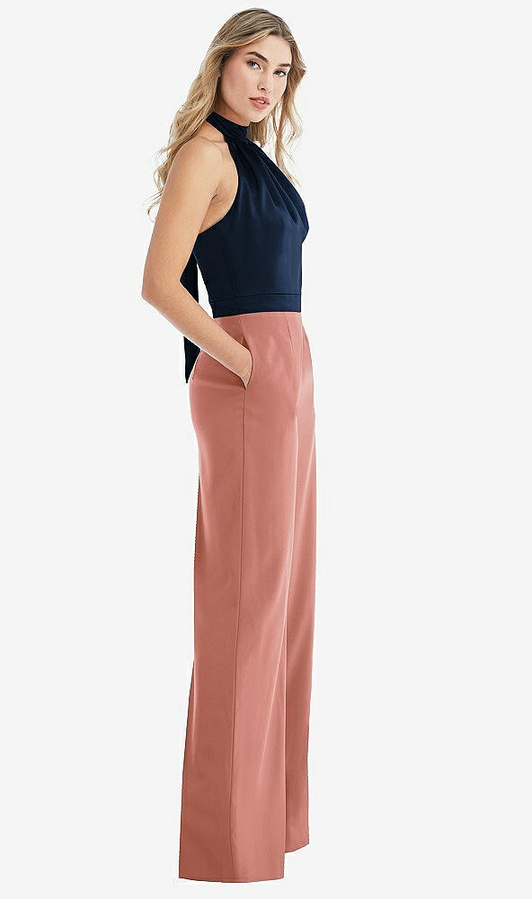 Front View - Desert Rose & Midnight Navy High-Neck Open-Back Jumpsuit with Scarf Tie
