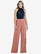 Side View Thumbnail - Desert Rose & Midnight Navy High-Neck Open-Back Jumpsuit with Scarf Tie