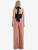 Rear View Thumbnail - Desert Rose & Midnight Navy High-Neck Open-Back Jumpsuit with Scarf Tie