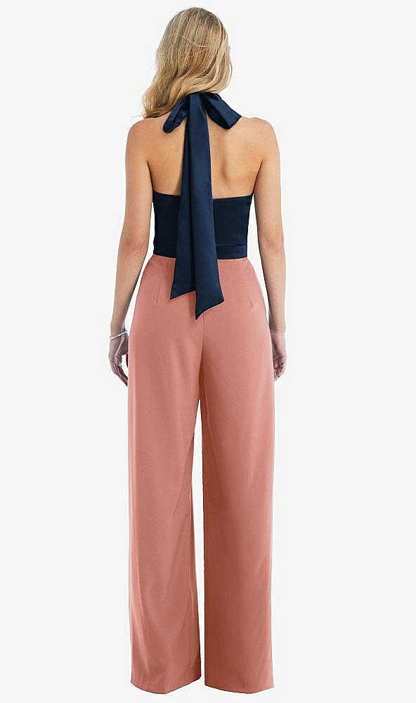 Back View - Desert Rose & Midnight Navy High-Neck Open-Back Jumpsuit with Scarf Tie