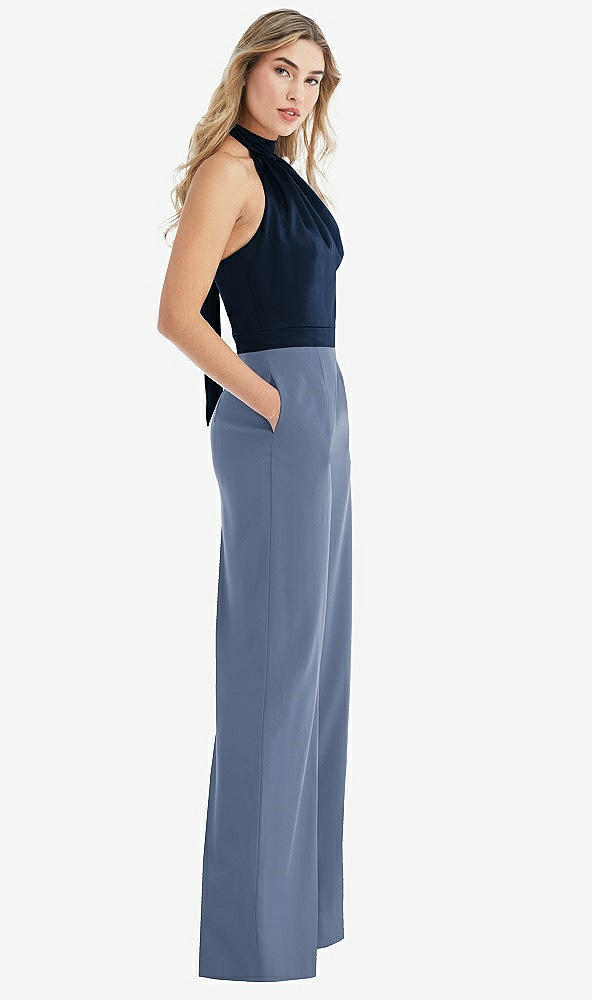 Front View - Larkspur Blue & Midnight Navy High-Neck Open-Back Jumpsuit with Scarf Tie
