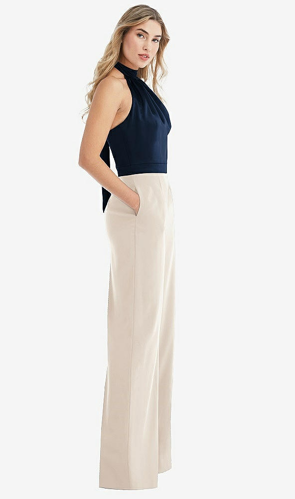 Front View - Oat & Midnight Navy High-Neck Open-Back Jumpsuit with Scarf Tie