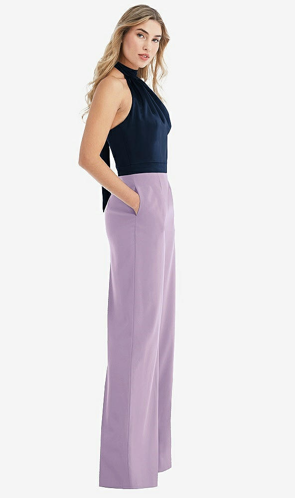 Front View - Pale Purple & Midnight Navy High-Neck Open-Back Jumpsuit with Scarf Tie