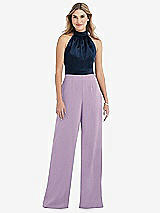 Side View Thumbnail - Pale Purple & Midnight Navy High-Neck Open-Back Jumpsuit with Scarf Tie