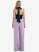 Rear View Thumbnail - Pale Purple & Midnight Navy High-Neck Open-Back Jumpsuit with Scarf Tie