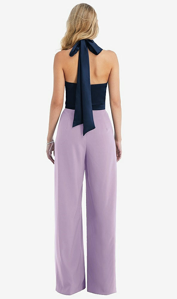 Back View - Pale Purple & Midnight Navy High-Neck Open-Back Jumpsuit with Scarf Tie