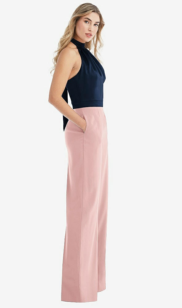 Front View - Rose & Midnight Navy High-Neck Open-Back Jumpsuit with Scarf Tie