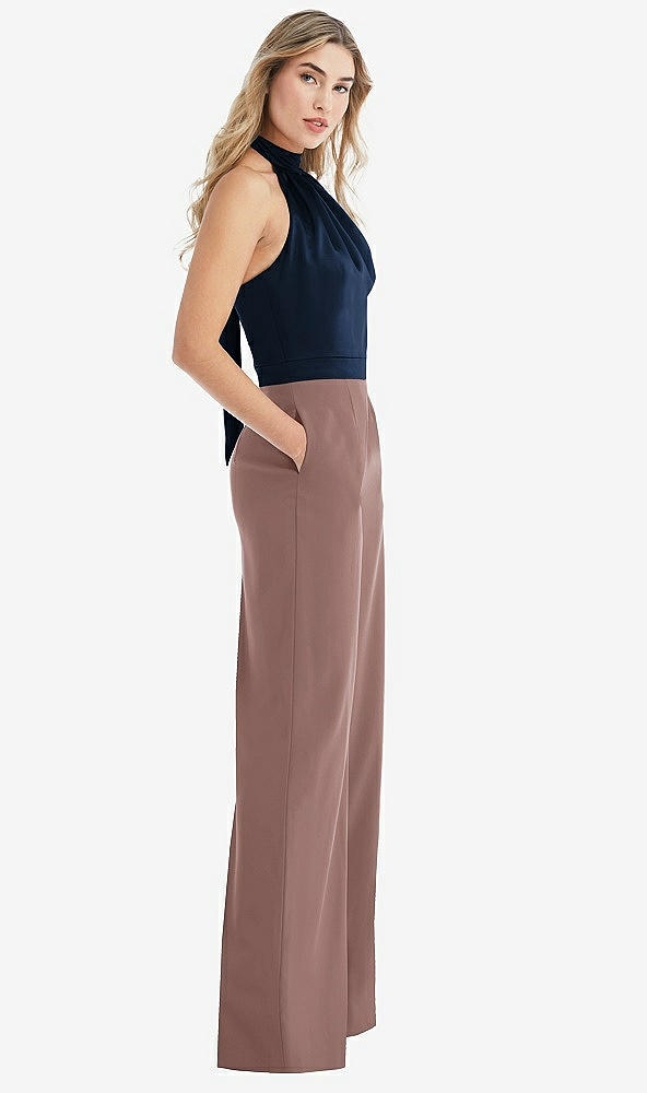 Front View - Sienna & Midnight Navy High-Neck Open-Back Jumpsuit with Scarf Tie