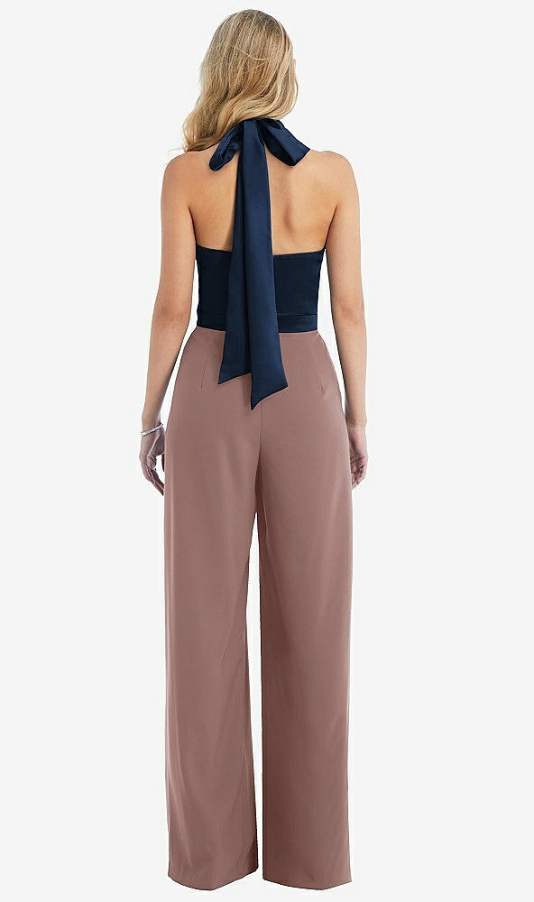 Back View - Sienna & Midnight Navy High-Neck Open-Back Jumpsuit with Scarf Tie