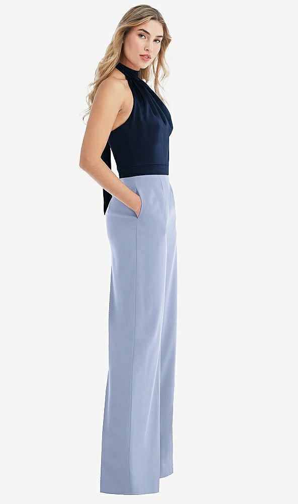 Front View - Sky Blue & Midnight Navy High-Neck Open-Back Jumpsuit with Scarf Tie