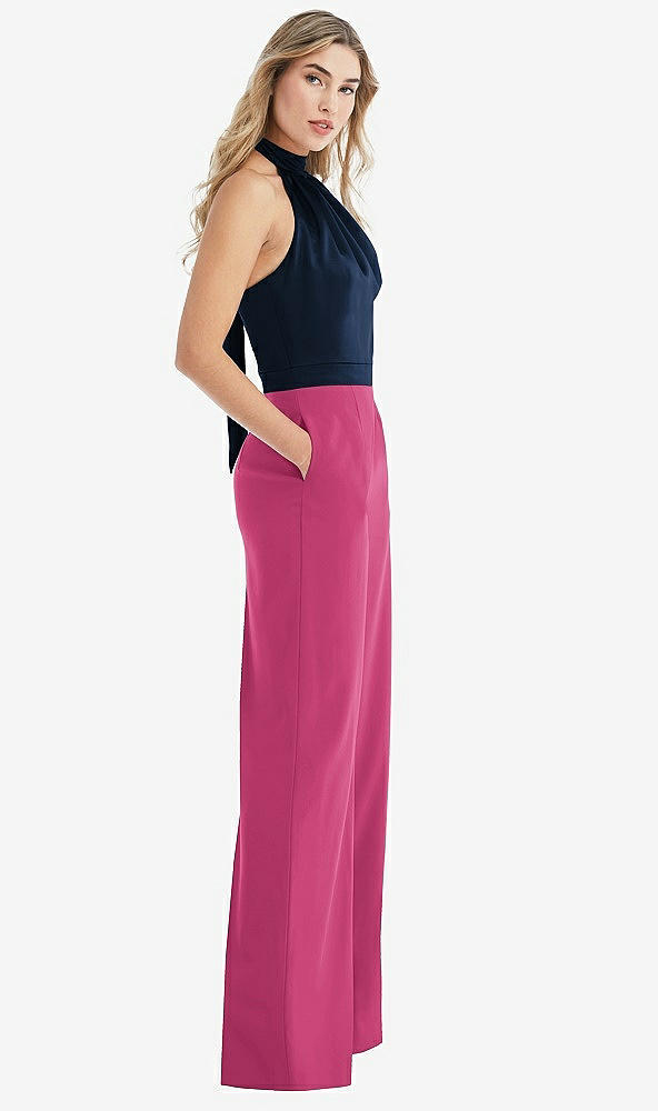 Front View - Tea Rose & Midnight Navy High-Neck Open-Back Jumpsuit with Scarf Tie
