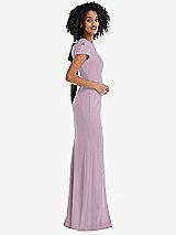 Side View Thumbnail - Suede Rose & Black Puff Cap Sleeve Cutout Tie-Back Trumpet Gown