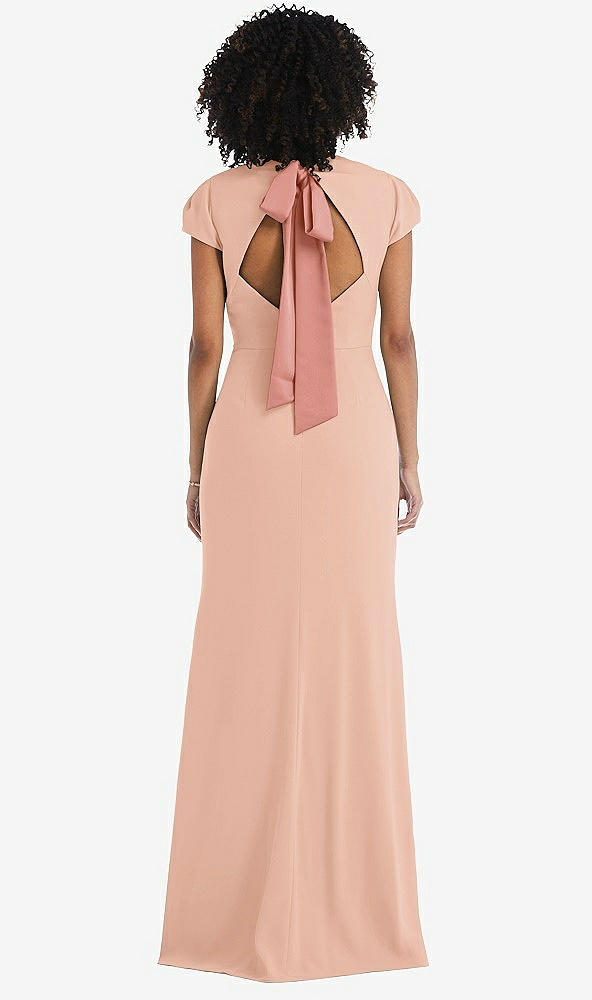 Front View - Pale Peach & Desert Rose Puff Cap Sleeve Cutout Tie-Back Trumpet Gown