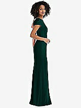 Side View Thumbnail - Evergreen & Desert Rose Puff Cap Sleeve Cutout Tie-Back Trumpet Gown