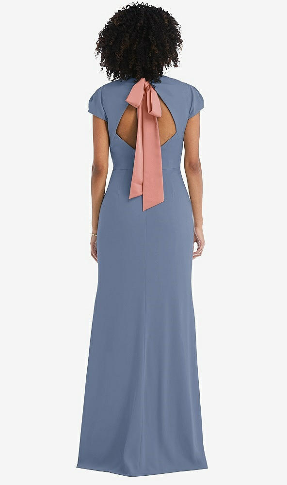 Front View - Larkspur Blue & Desert Rose Puff Cap Sleeve Cutout Tie-Back Trumpet Gown