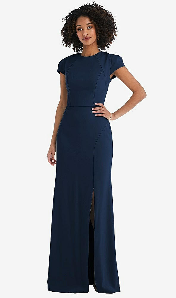 Back View - Midnight Navy & Desert Rose Puff Cap Sleeve Cutout Tie-Back Trumpet Gown