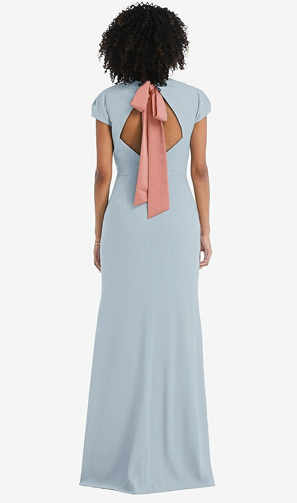 Front View - Mist & Desert Rose Puff Cap Sleeve Cutout Tie-Back Trumpet Gown