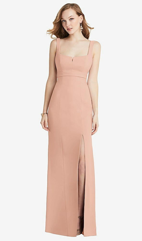 Front View - Pale Peach Wide Strap Notch Empire Waist Dress with Front Slit