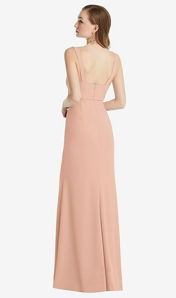 Back View - Pale Peach Wide Strap Notch Empire Waist Dress with Front Slit